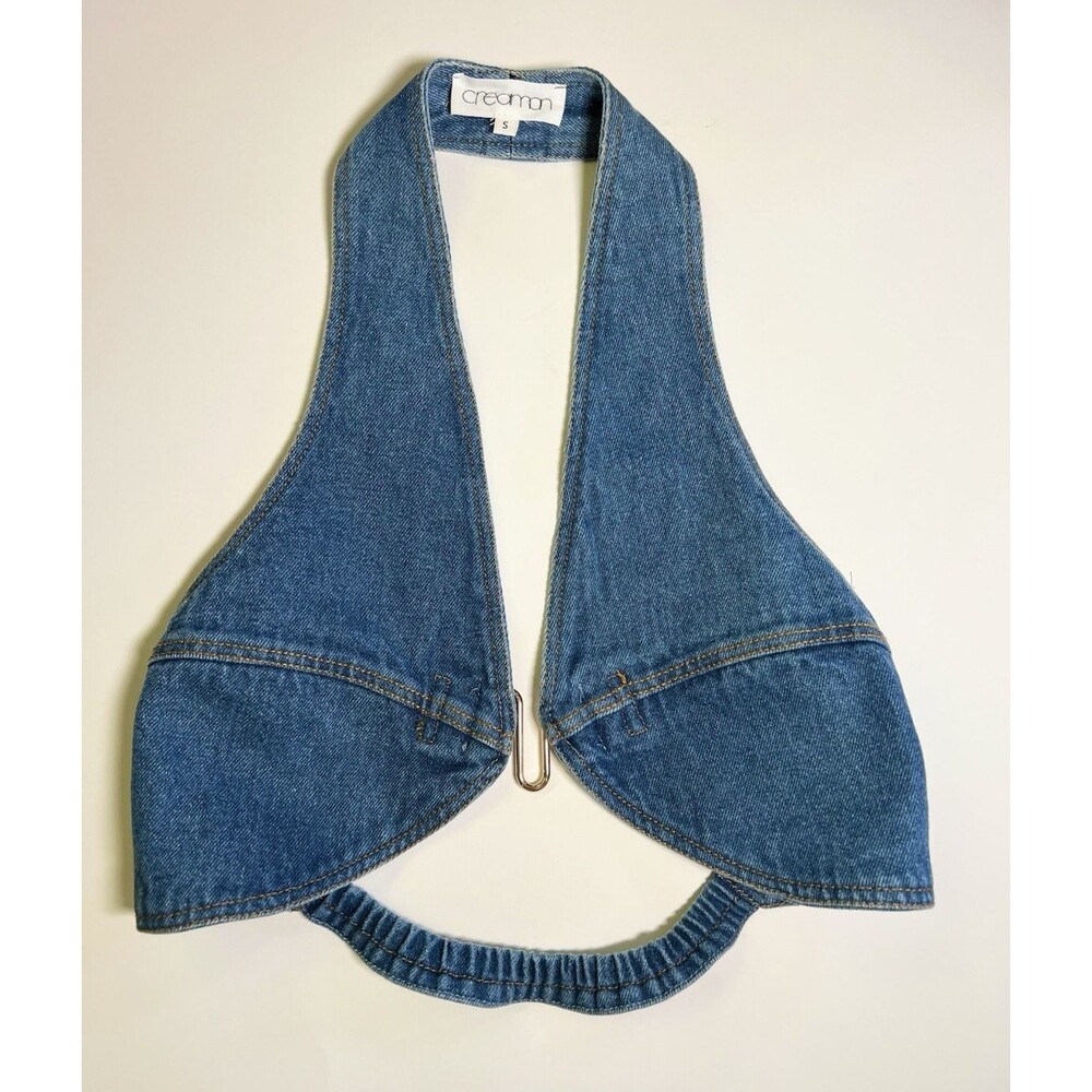 Blue Denim Halter Top Button Accent Hook Closure Women's Size S